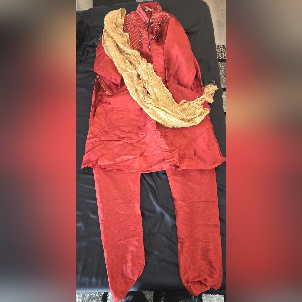Indian Kurta Pajama Set with Gold Scarf, Red Silk Blend, Size 42, Made in India